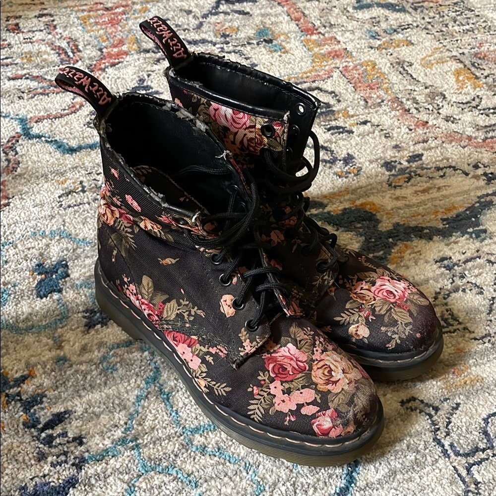 Dr. Martens Black and Pink Combat Boots with Floral Design